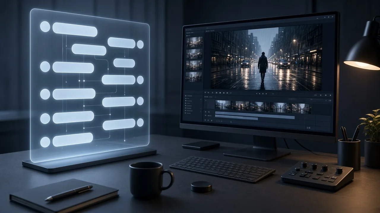 A chat-style agent panel beside a dedicated video production timeline on a developer desk