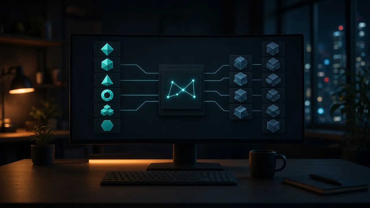 A dark developer workstation with several abstract model tiles routing into one unified API gateway