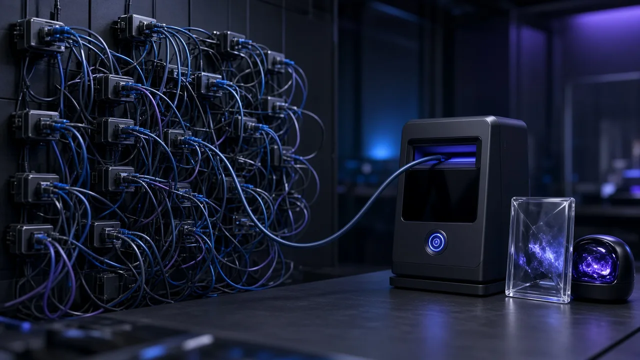 A wall of many API cables on the left and a single submit terminal producing clean media output on the right